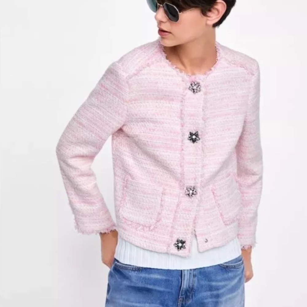 ZARA TWEED PINK BLAZER GEM BUTTONS 2018